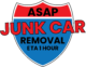 A shield-shaped logo with "ASAP Junk Car Removal ETA 1 Hour" in red and black text on a red and blue background, proudly serving Michigan with cash for junk cars.